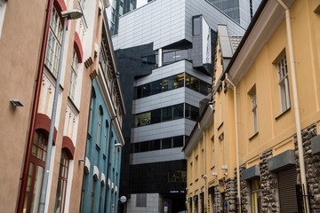 modern architecture down colorful street in downtown tallinn estonia