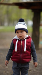 Fototapeta premium Portrait of little cute boy in red jacket and white-blue hat in spring in park