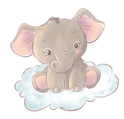 Cute baby elephant seeting on a cloud