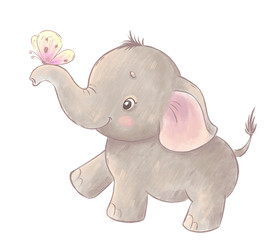 Cute baby elephant with butterfly 