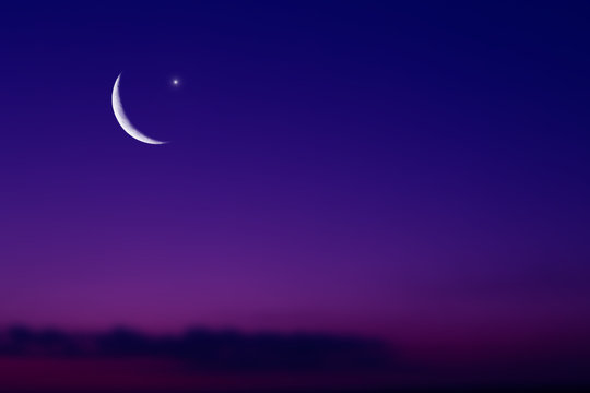 Islamic greeting Eid Mubarak cards for Muslim Holidays. Eid-Ul-Adha festival celebration. Arabic Ramadan background with crescent moon and the stars on night sky