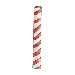 Striped red and white tube for drinking beverages, juice, water, soda. Hand drawn watercolor illustration in cartoon realistic style. Element of serving, fast food, lunch, coffee break, cafe, design.