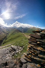 view of Mount Kazbek and stone wall