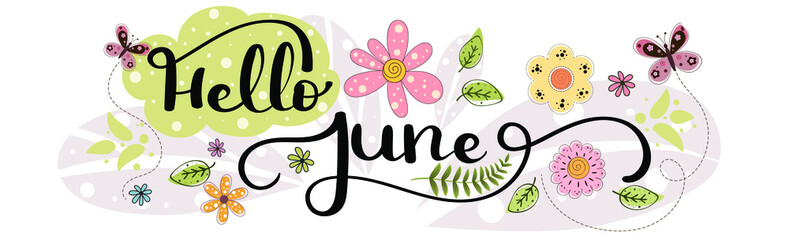 Hello June. JUNE month vector with flowers and leaves. Decoration floral. Illustration month June - obrazy, fototapety, plakaty