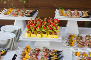 Reception on the veranda. Banquet. Tartlets, mussels, chopped cheese.