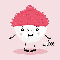 Cute cartoon, kawaii smiling lychee. Trendy hand drawn stock vector illustration in flat style. Litchi character bundle isolated on light pink background.