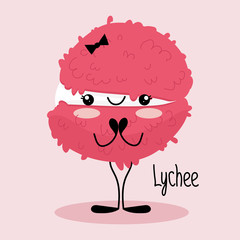 Cute cartoon, kawaii smiling lychee. Trendy hand drawn stock vector illustration in flat style. Litchi character bundle isolated on light pink background.