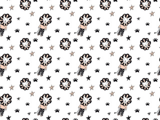 Seamless pattern in Scandinavian style from hand-drawn lion cubs, their faces, cat footprints and stars in black and pale pink colors on a white background. Texture for baby products. Vector.
