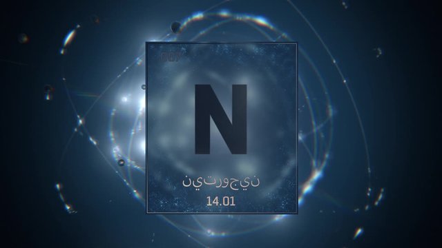 Nitrogen as Element 7 of the Periodic Table. Seamlessly looping 3D animation on blue illuminated atom design background orbiting electrons name, atomic weight element number in Arabic language