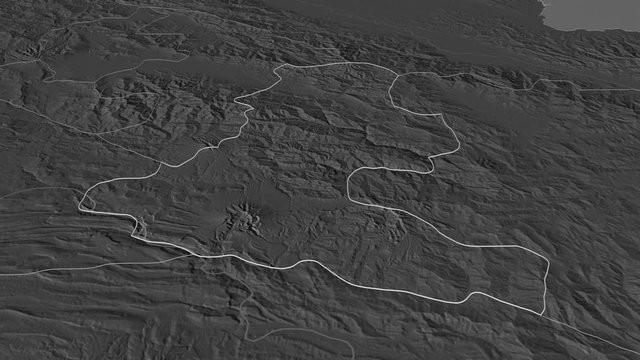 Chimbu, province with its capital, zoomed and extruded on the bilevel map of Papua in the conformal Stereographic projection. Animation 3D