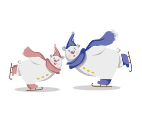 Lovely bears couple on skis on colorful mountains background