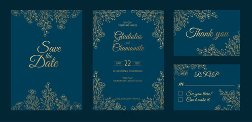 Fototapeta premium Minimalist wedding invitation card template design. Template, Frame with Delicate Flowers, Branches, Plants.