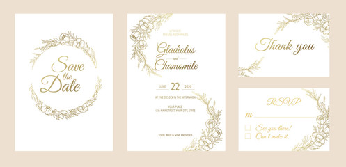 Minimalist wedding invitation card template design. Template, Frame with Delicate Flowers, Branches, Plants.