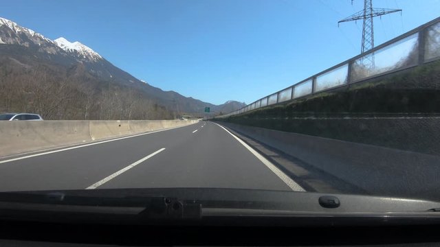 POV Point of view driving on empty highway road in Slovenia on workday. Coronavirus lockdown quarantine. Dash cam footage, forward moving
