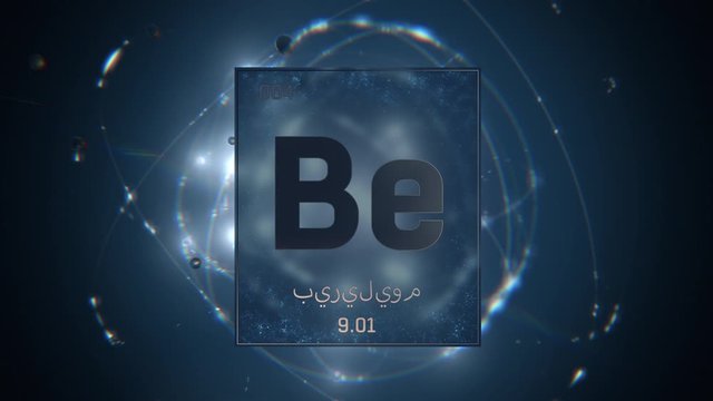 Beryllium as Element 4 of the Periodic Table. Seamlessly looping 3D animation on blue illuminated atom design background orbiting electrons name, atomic weight element number in Arabic language