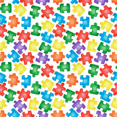 Simple seamless pattern with colorful separated jigsaw puzzles on white. Watercolor hand drawn illustrations in cartoon realistic style. Children board games concept, autism day, team building.
