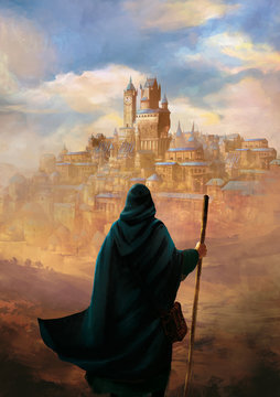 illustration de fantasy avec un magicien de dos devant une ville du d&eacute;sert
