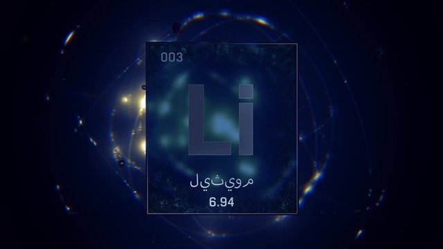Lithium as Element 3 of the Periodic Table. Seamlessly looping 3D animation on blue illuminated atom design background orbiting electrons name, atomic weight element number in Arabic language