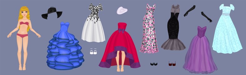 Paper doll of a pretty blond girl with a variety of paper evening dresses, hats, gloves and shoes - 341098898