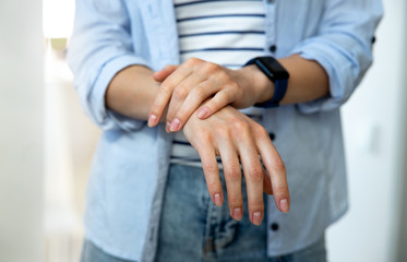 Woman hands after desinfection for protecting from virus