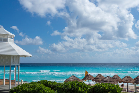 Caribbean sandy beaches turquoise sea and blue skies. sunny morning at the Caribbean beach