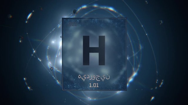 Hydrogen as Element 1 of the Periodic Table. Seamlessly looping 3D animation on blue illuminated atom design background orbiting electrons name, atomic weight element number in Arabic language