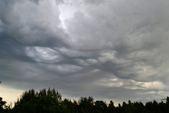 Asperitas clouds - the newest cloud type - before the storm in belarussian village.