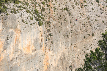A detail shot at the wall Maimona precipice with the climbers taken from the hiking trail La Bojera, Montanejos, Valencia, Spain.