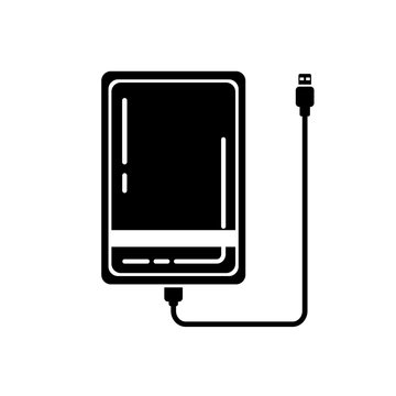 Glypgh External hard disk drive icon with USB cable isolated on white background. Black Powerbank for charging mobile devices. Portable extern HDD. Memory drive vector illustration