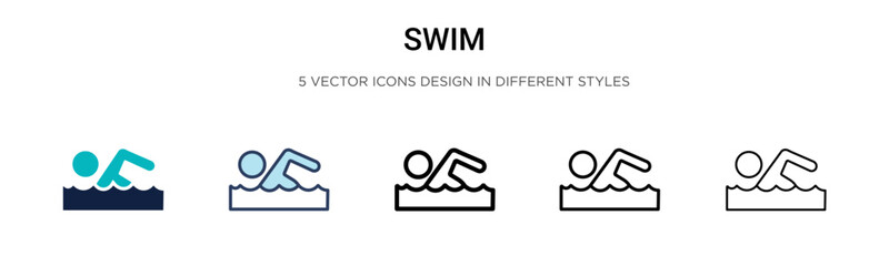Swim icon in filled, thin line, outline and stroke style. Vector illustration of two colored and black swim vector icons designs can be used for mobile, ui,