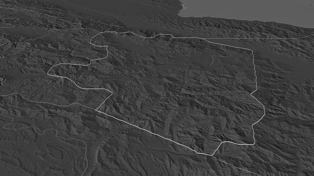 Eastern Highlands, province with its capital, zoomed and extruded on the bilevel map of Papua in the conformal Stereographic projection. Animation 3D