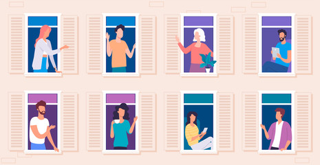 People stay in their apartments looking out the window and chatting with their neighbors