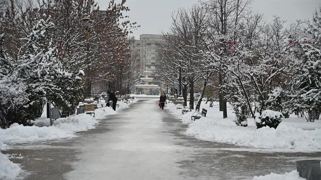 JENTE CAMINANDO EN UN PARQUE CON NIEVE EN BUCARESTI
