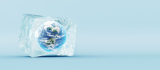 Close up of frozen globe in ice cube on blue background 3D Rendering