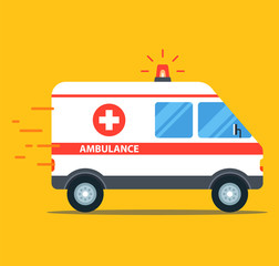 the ambulance goes to the call with the flasher on. Flat car vector illustration.