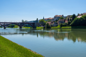 Maribor cityscape and Drava river in Slovenia.