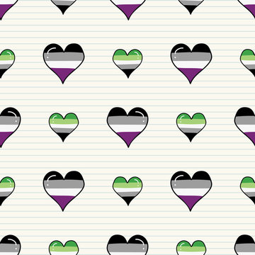 Cute asexual aromantic heart cartoon seamless vector pattern. Hand drawn isolated pride flag for LGBTQ blog. Gay love on stripe background all over print. Community tolerance tile. 