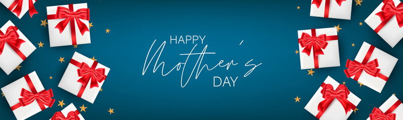 Mother's Day celebration banner or website header background. White presents with red bow on blue background with lettering. Vector illustration.