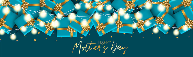 Fototapeta na wymiar Mother's Day celebration banner or website header background. Gift boxes with gold bow on blue background with lettering and garland lights. Vector illustration.