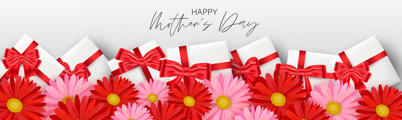 Mother's Day banner or website header. Gift boxes with red bow under flowers. Celebration holiday concept. Realistic vector illustration.