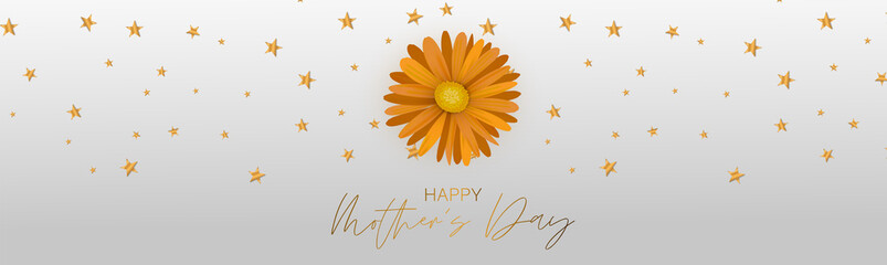 Mother's Day banner or website header. Yellow flower on gray background. Celebration holiday concept. Realistic vector illustration.
