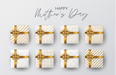 Happy Mother's Day banner. A set of white gift boxes with golden bows. Realistic vector illustration.
