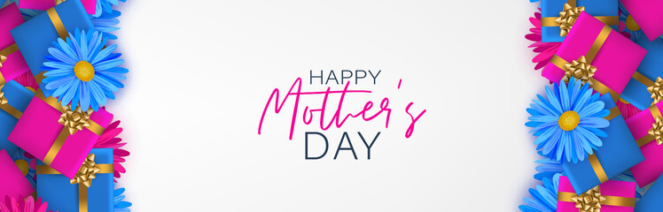 Mother's Day banner or website header. Blue and pink gift boxes and flowers. Celebration holiday concept. Realistic vector illustration.