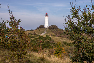 Fototapeta na wymiar Hiddensee, Germany, 10-15-2019, Hiddensee Island in the Western Pomerania Lagoon Area/ Lighthouse on the Dornbusch