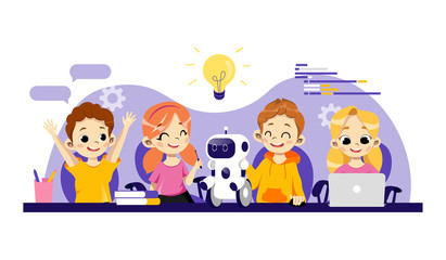 Robotics Courses For Children Concept. Robots Designing, Programming and Repairing, Smart technologies. Group Of Cheerful Children With Robot And Infographics. Cartoon Flat Style. Vector Illustration