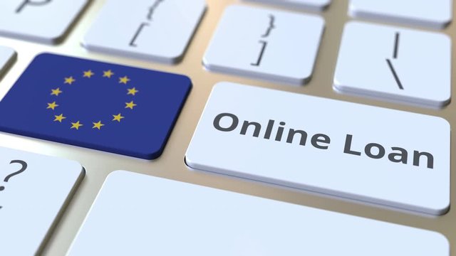 Online Loan text and flag of the European Union on the keyboard. Modern credit related conceptual 3D animation