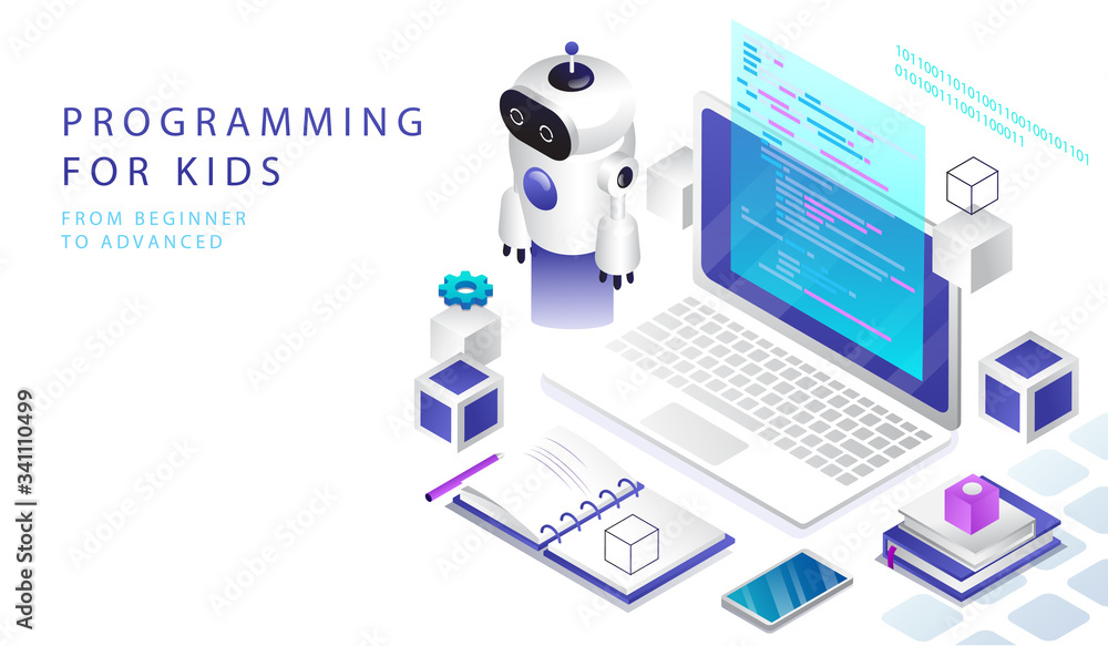 Wall mural concept of isometric 3d stem education, online courses for children. website landing page. programmi