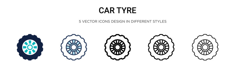 Car tyre icon in filled, thin line, outline and stroke style. Vector illustration of two colored and black car tyre vector icons designs can be used for mobile, ui, © Digital Bazaar