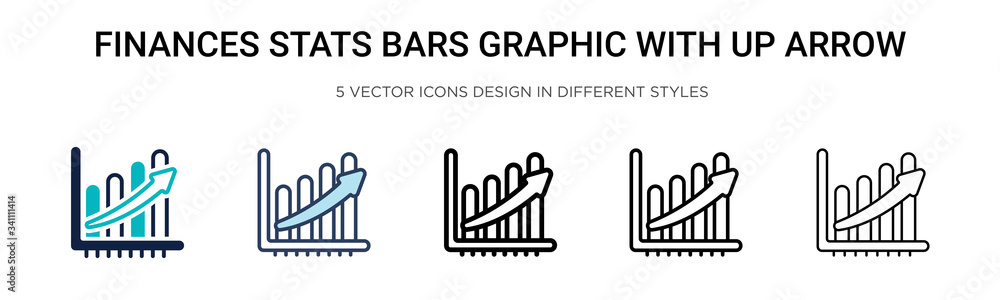 Poster finances stats bars graphic with up arrow icon in filled, thin line, outline and stroke style. vecto