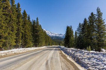 Highway to rocky mountains and blue sky canada.